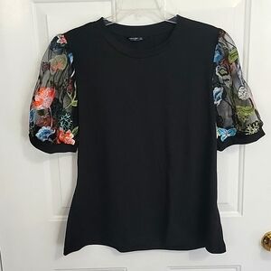Floral Embroidered Sleeves Black Top - 2X
